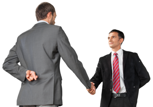 Portrait of Two Businessmen Shaking Hands while Crossing Fingers Behind Back - Powered by Adobe
