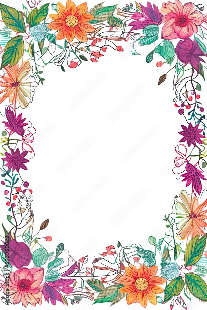 Poster frame with flowers and leaves in boho style with space for text, copyspace in the middle, ai generat