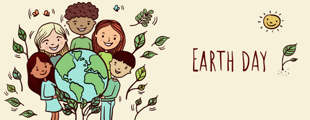 Happy Earth Day - Hand-drawn banner with multi-ethnic kids promoting Earth Day fighting for ecology. Colored Vector illustration showing diverse boys and kids holding the earth in their hands. 