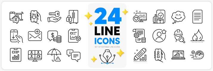 Icons set of Report checklist, New mail and Smile line icons pack for app with Video conference, Risk management, Carry-on baggage thin outline icon. Buying house, Waterproof. Vector