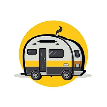 Caravan, camper van outdoors, circular AI generative logo, web button, flat illustration.