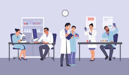 Scientists in the laboratory.  Scientific research.  Vector cartoon flat style illustration
