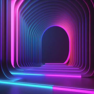 Rendering rounded pink blue neon lines glowing. Generative AI