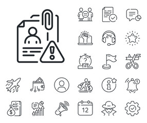 Interview warning sign. Salaryman, gender equality and alert bell outline icons. Search employee line icon. Caution alert symbol. Search employee line sign. Spy or profile placeholder icon. Vector