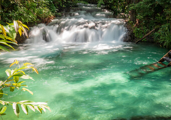 Fototapeta na wymiar Cascading Beauty of Green Waterfall Amongst Lush Jungle in Jalapao