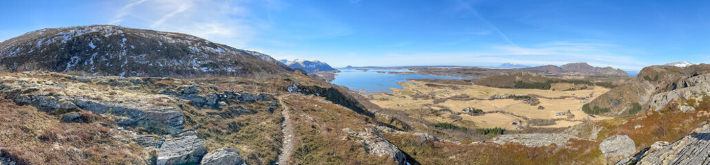 Fototapeta na wymiar Panorama- Spring trip to the mountain Kaukarpallen at the Skogmo community, Helgelandslysten, Norway