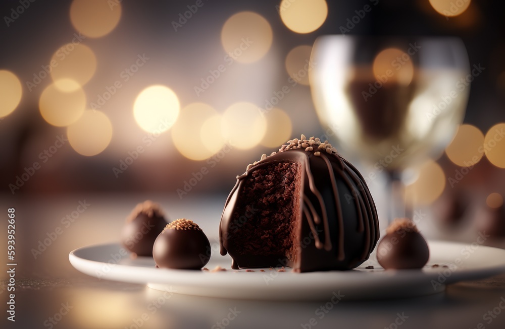 Poster homemade chocolate truffle on a plate with blur background generative ai