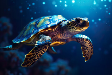 Fototapeta premium Turtle swiming underwater in the sea with sun rays from the surface, AI generative