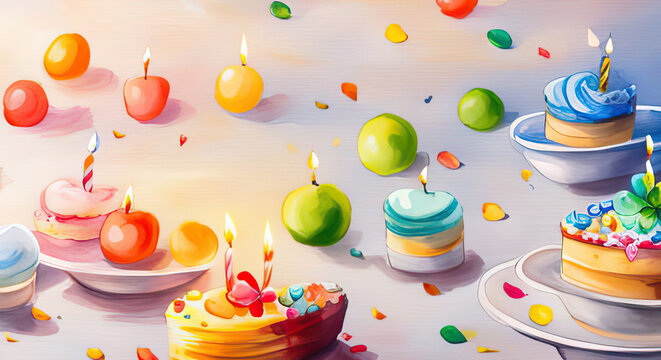 Happy Birthday card with creative cupcakes, candles and decoration, digital painting with vibrant colors generative ai illustration