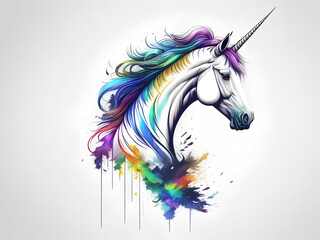 Watercolor graphic with multicolored dog unicorn. Illustration. Generative AI