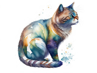 Watercolor graphic with multicolored cat drawing. Illustration. Generative AI