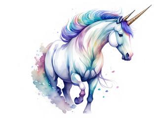 Obraz na płótnie Canvas Watercolor drawing with multicolored unicorn. Illustration. Generative AI