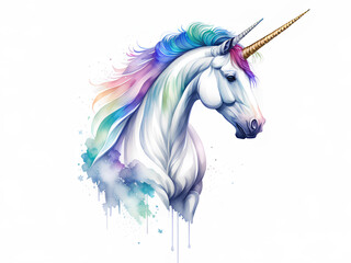 Watercolor drawing with multicolored unicorn. Illustration. Isolated, white, copy space. Generative AI
