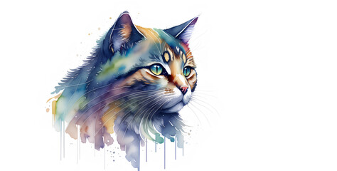 Watercolor drawing with multicolored cat. Illustration. Generative AI