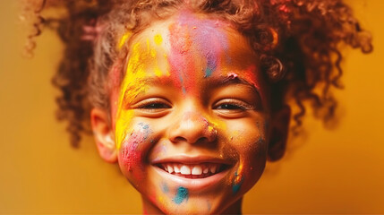 Happy baby girl with colorful paint on her face, generative ai.