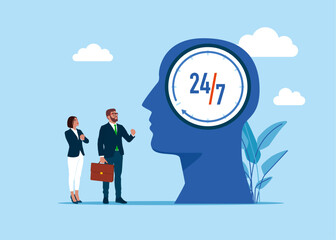 24-7 support service, inside of a brain. Open time, working hours, delivery concept.Modern vector illustration in flat style