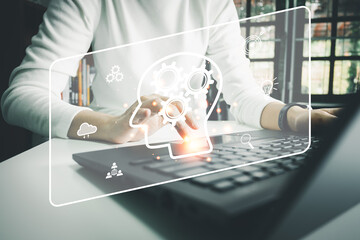 AI technology, Artificial Intelligence, Chatbot Chat and talk with AI, Using laptop for search and find data by command prompt, robot learning machine create or generate picture or article auto