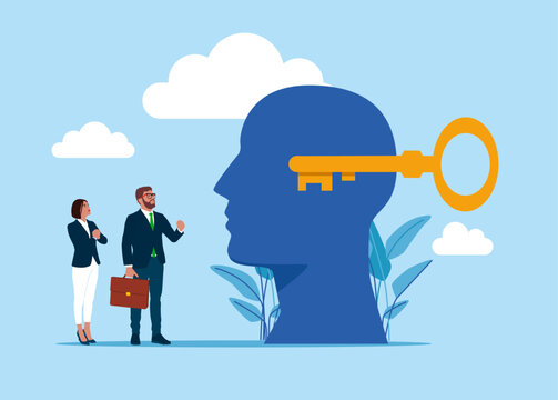 Key unlocking human head. Therapy, psychology, mental health, personality. Modern vector illustration in flat style