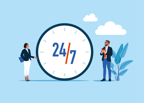 24-7 support service,  working hours. Open time. Success long term investment. Business people standing with clock. Flat vector illustration