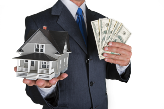 Bussinessman Holding Money and a Model House - Powered by Adobe