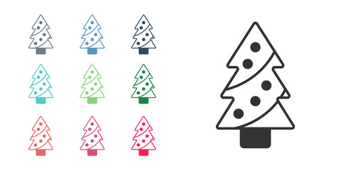 Black Christmas tree with decorations icon isolated on white background. Merry Christmas and Happy New Year. Set icons colorful. Vector