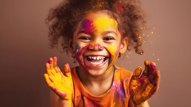 Happy baby girl with colorful paint on her face, generative ai.