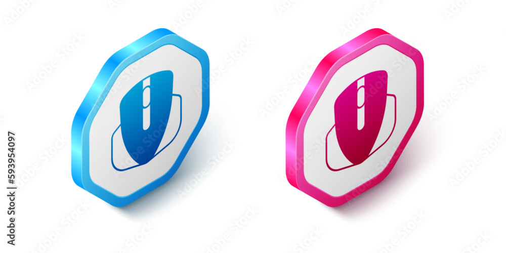 Poster isometric computer mouse gaming icon isolated on white background. optical with wheel symbol. hexago