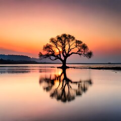 Tree with sunset on the lake