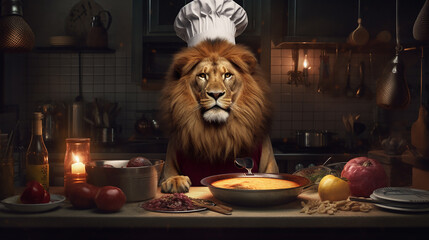 Ein Löwe als Koch KI - obrazy, fototapety, plakaty