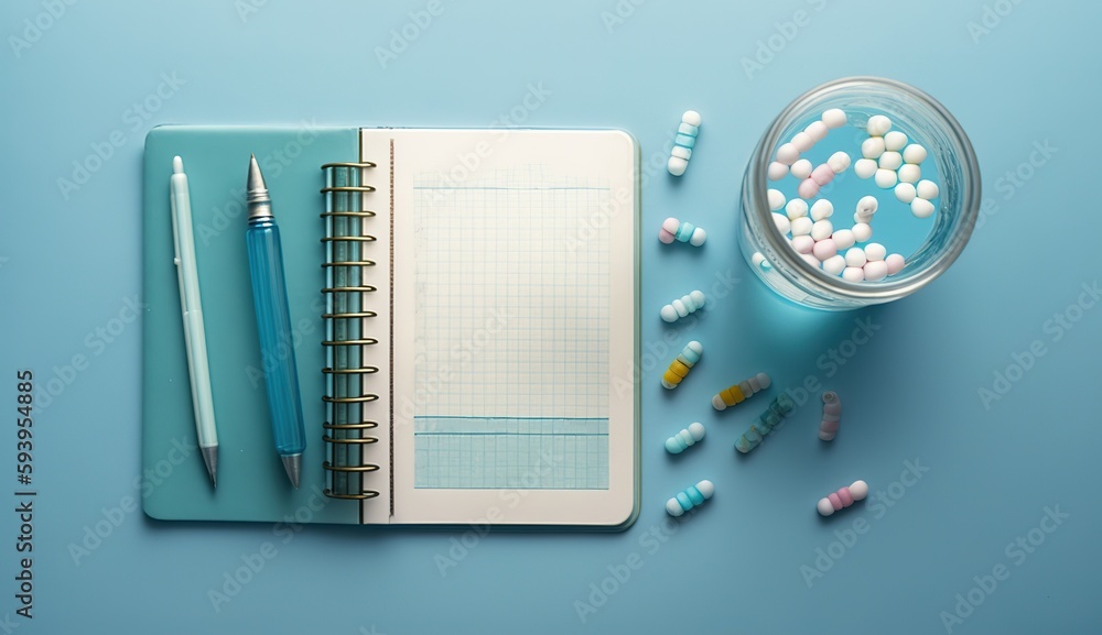 Poster high angle view of diary; pills and syringe on blue background generative ai