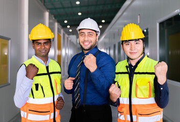 success business manager engineer teamwork celebrate for success job construction work of technology refinery warehouse for storage shipping and solar power energy business in industry area