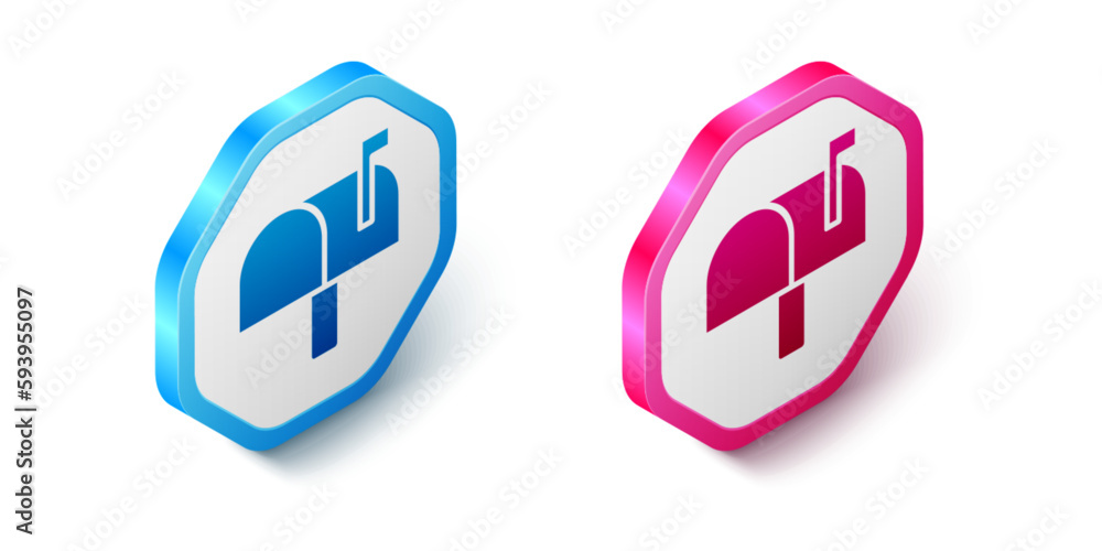 Poster isometric mail box icon isolated on white background. mailbox icon. mail postbox on pole with flag. 