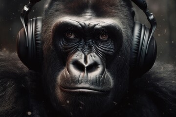 Monkey in headphones listening to music. Focused emotional face of gorilla listening to audio. Animal Generative AI