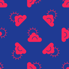 Red Sun and cloud weather icon isolated seamless pattern on blue background. Vector