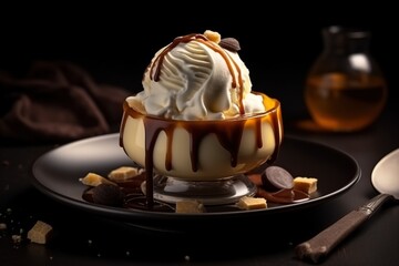 Caramel and chocolat dessert. Choco crisps. Peanuts. whipped cream