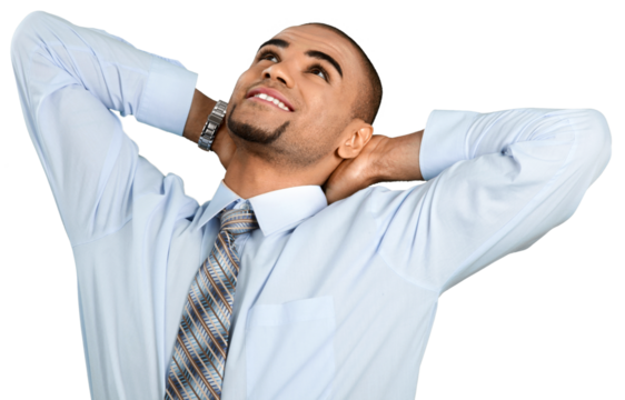 Businessman Stretching with Hands Behind Head - Isolated - Powered by Adobe