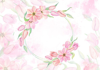 Obraz na płótnie Canvas Watercolor pink tulip on white background. Hand drawn botanical illustration. wedding invitation floral template