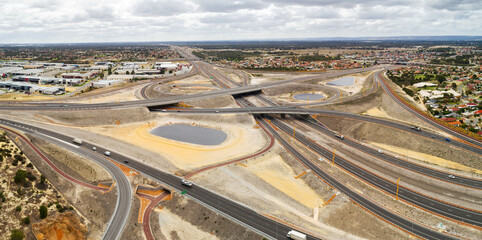 aerial view of highway construction site in the city of Perth, Western Australia, Australia,...