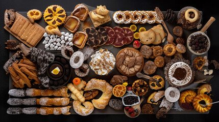 German sweets, flat lay, top view assorted cookies and traditional desserts, AI generative overhead view of knolling arrangement