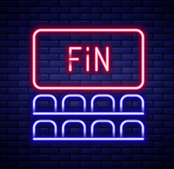 Glowing neon line Cinema auditorium with screen icon isolated on brick wall background. Colorful outline concept. Vector