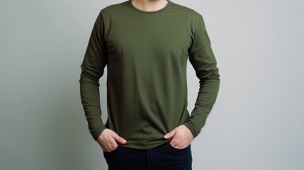 White man model wearing a plain olive green long sleeve t-shirt, isolated on a blank background. Mock-up, torso only. Generative AI illustration.
