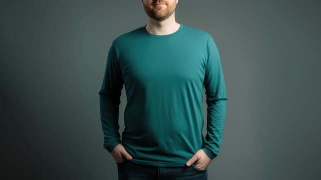 White man model wearing a plain green long sleeve t-shirt, isolated on a blank background. Mock-up, torso only. Generative AI illustration.