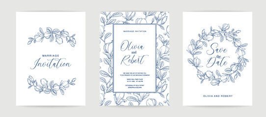Marriage design template with custom names in frame with floral magnolia. Vector illustration.
