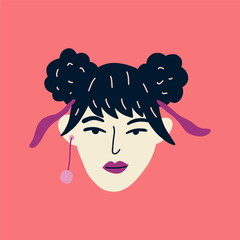 Portrait of a beautiful asian woman with jewelry in her ear. Avatar of ethnic female character isolated on background. Flat vector cartoon illustration. Avatar for social network.