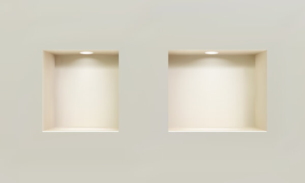 Two empty niches or shelves on white wall with led spotlight 3D mockup. Shop, gallery showcase to present product. Blank retail storage space. Interior design furniture. Living room bookshelf