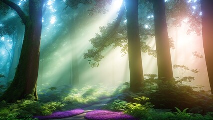 A Dreamy Scene Of A Forest With A Path And Trees AI Generative