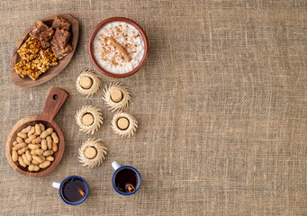 Typical brazilian june festival food over jute fabric. Festa junina with copy space