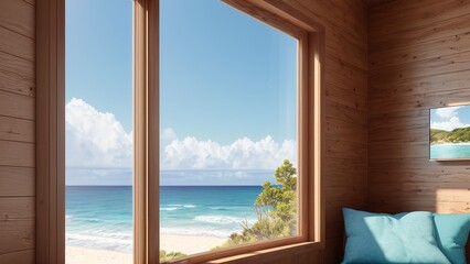 A Radiant Blue Pillow Sits In Front Of A Window Overlooking The Ocean AI Generative