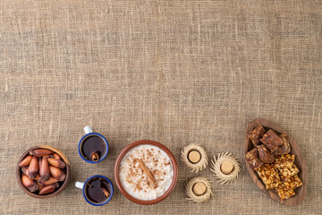 Typical brazilian june festival food over jute fabric. Festa junina with copy space