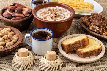 Typical brazilian june festival food over jute fabric. Festa junina